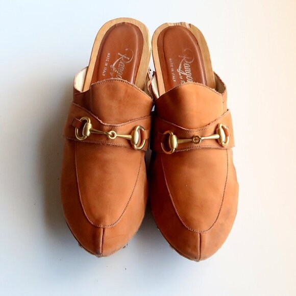 Rangonii of Florence Italian Tan Leather Gold Horse-bit Wooden Clogs / Mules 9 - Picture 2 of 16